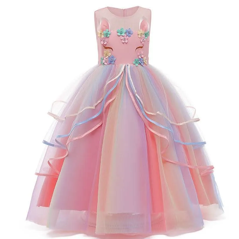 Magical Unicorn Party Dress Fairy Tale Rainbow Dress Dreamy Flower Embellished Gown Halloween cosplay costumes