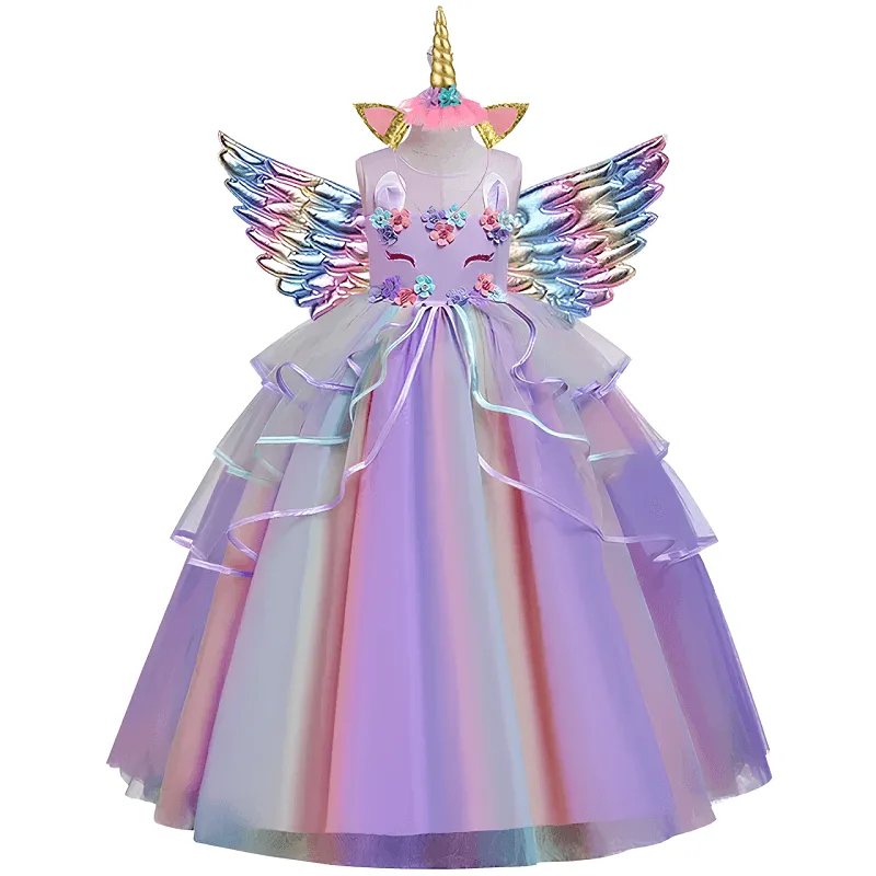 Magical Unicorn Party Dress Fairy Tale Rainbow Dress Dreamy Flower Embellished Gown Halloween cosplay costumes