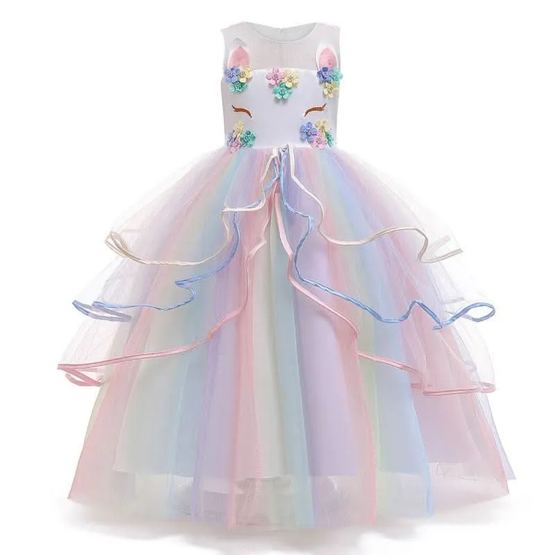 Magical Unicorn Party Dress Fairy Tale Rainbow Dress Dreamy Flower Embellished Gown Halloween cosplay costumes