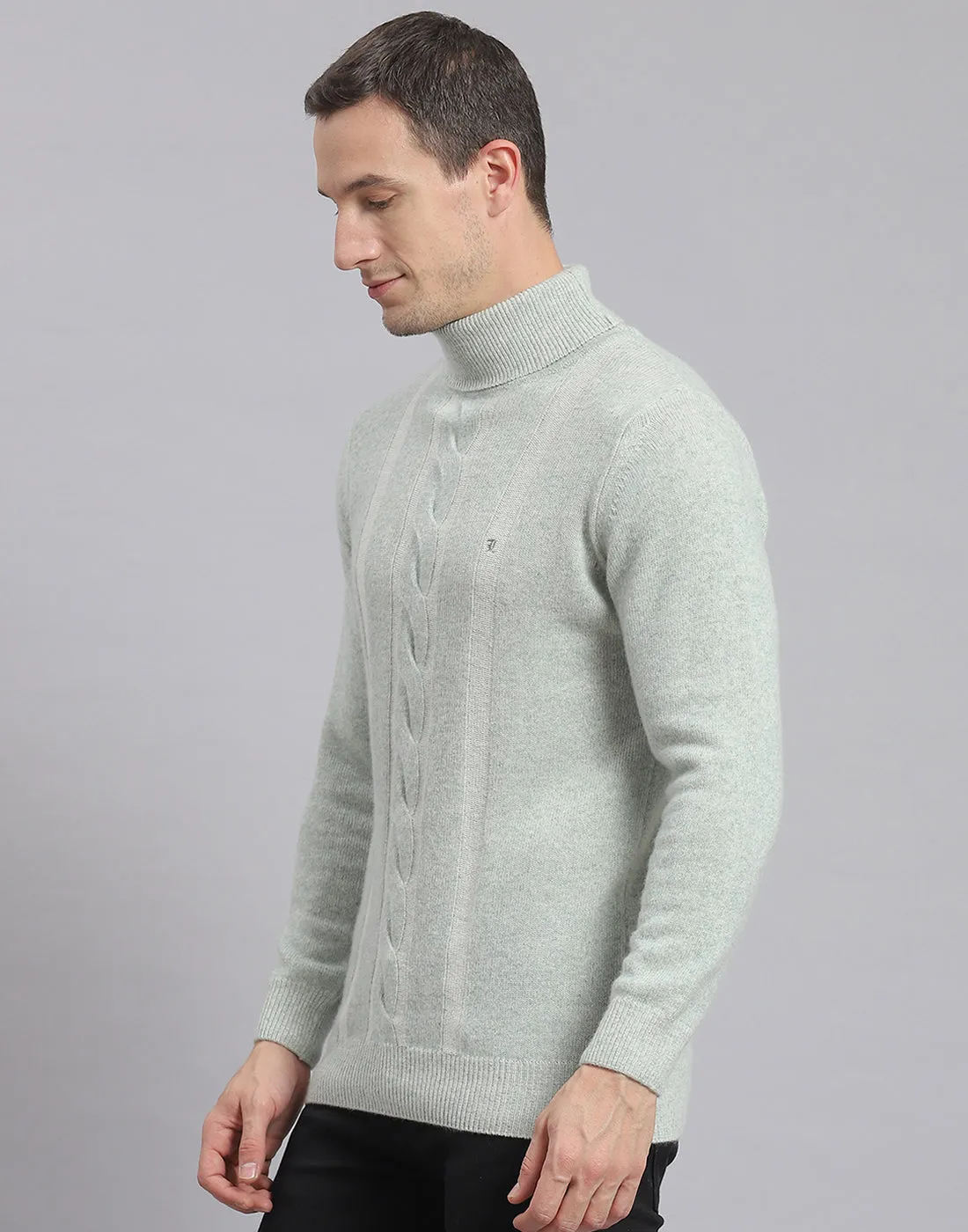 Men Green Self Design H Neck Full Sleeve Sweater