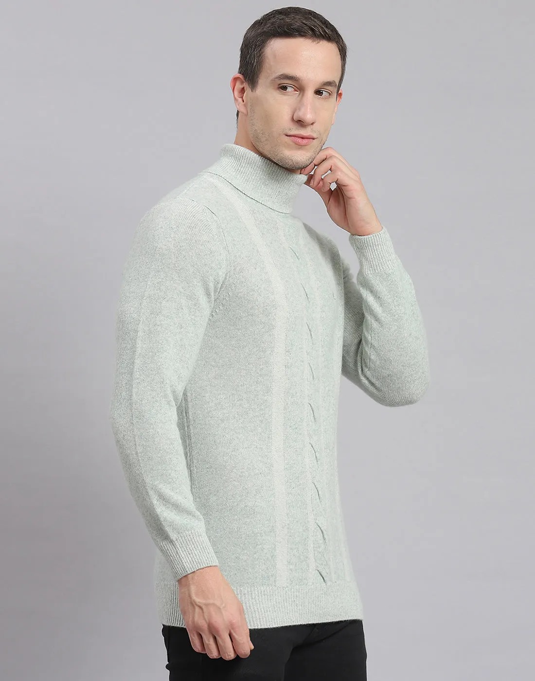 Men Green Self Design H Neck Full Sleeve Sweater