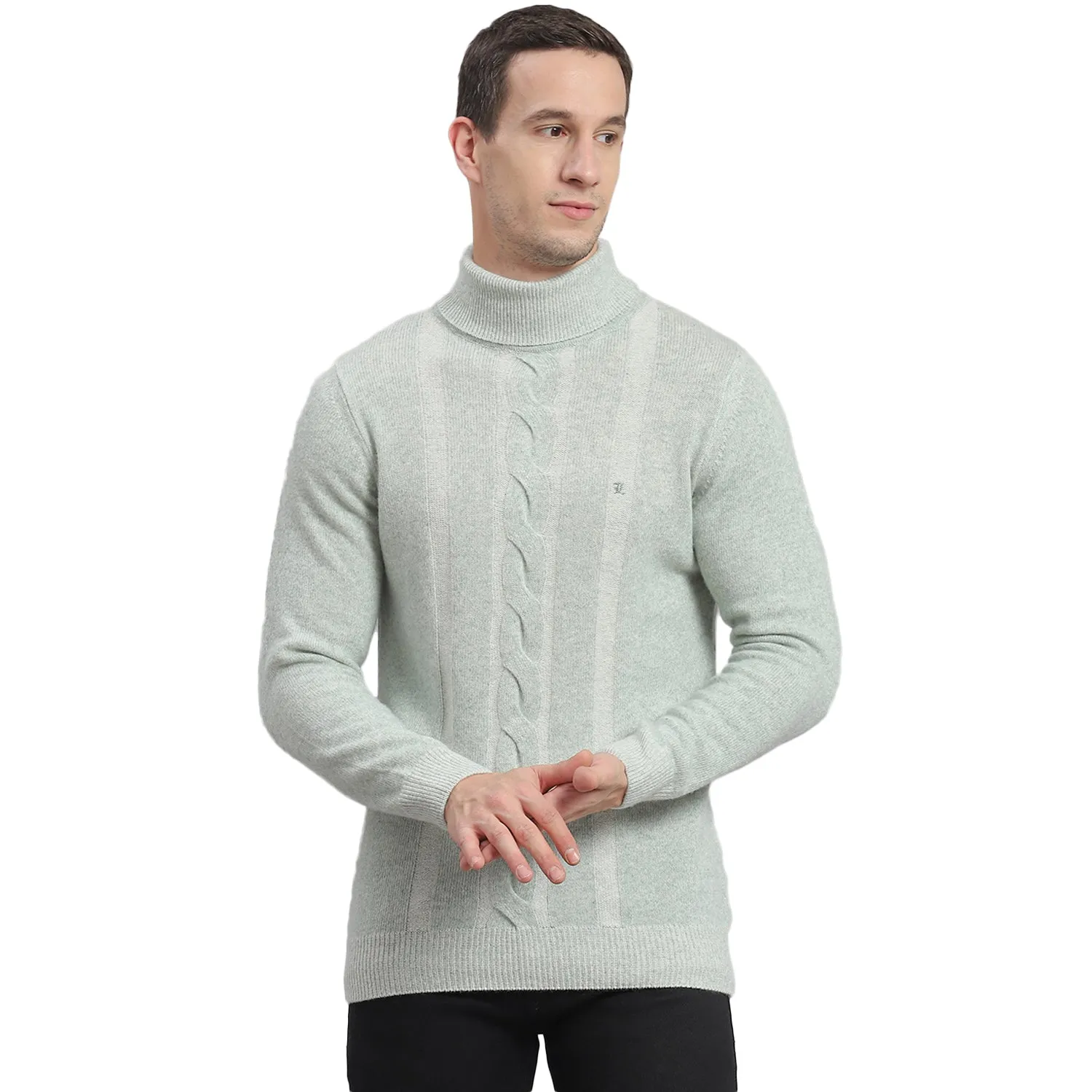 Men Green Self Design H Neck Full Sleeve Sweater