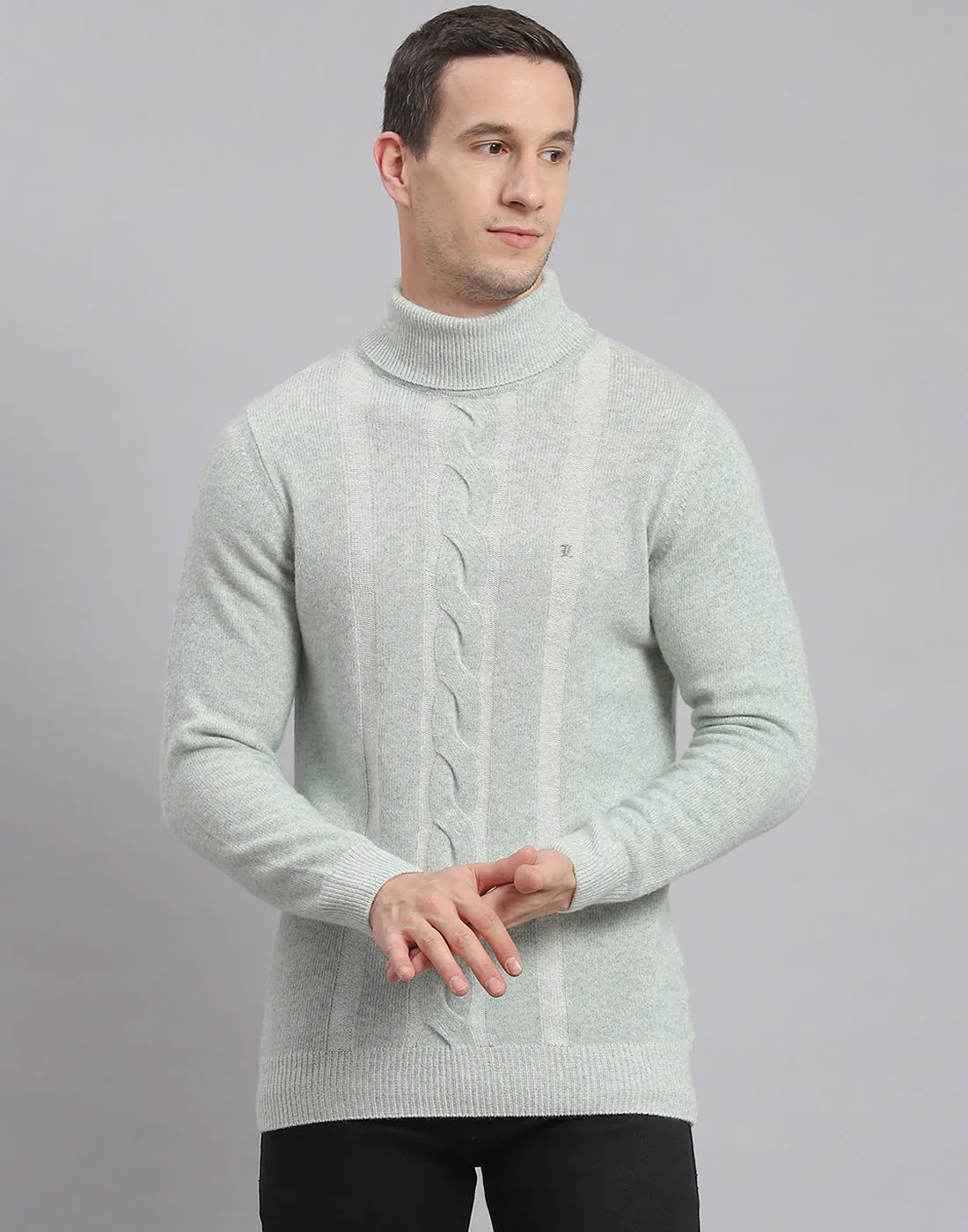 Men Green Self Design H Neck Full Sleeve Sweater