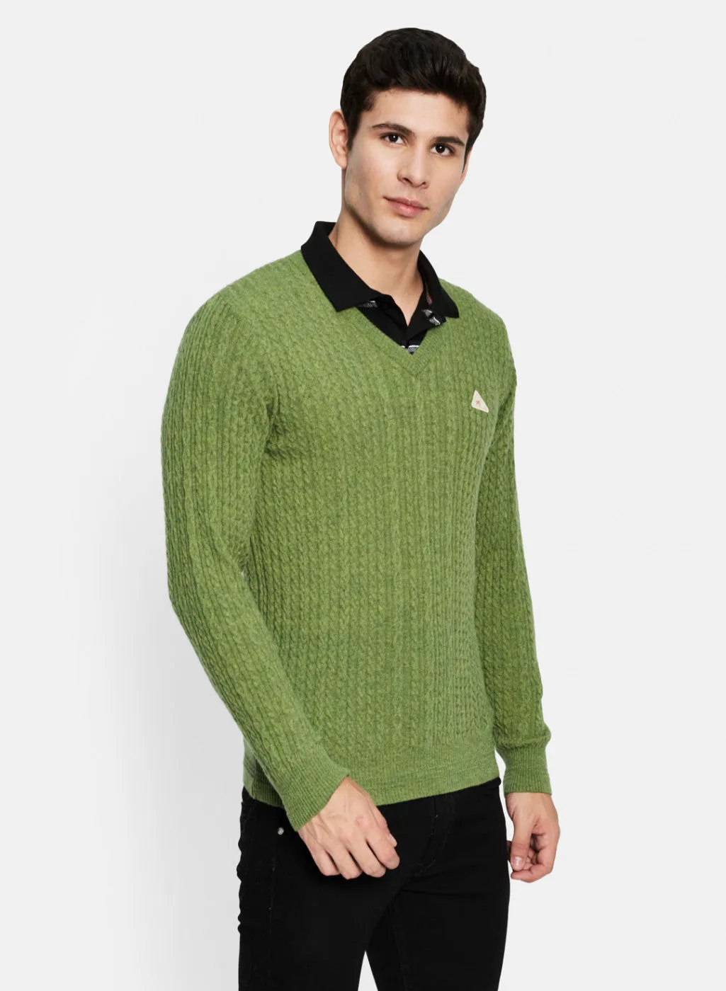 Men Green Self Design Pullover