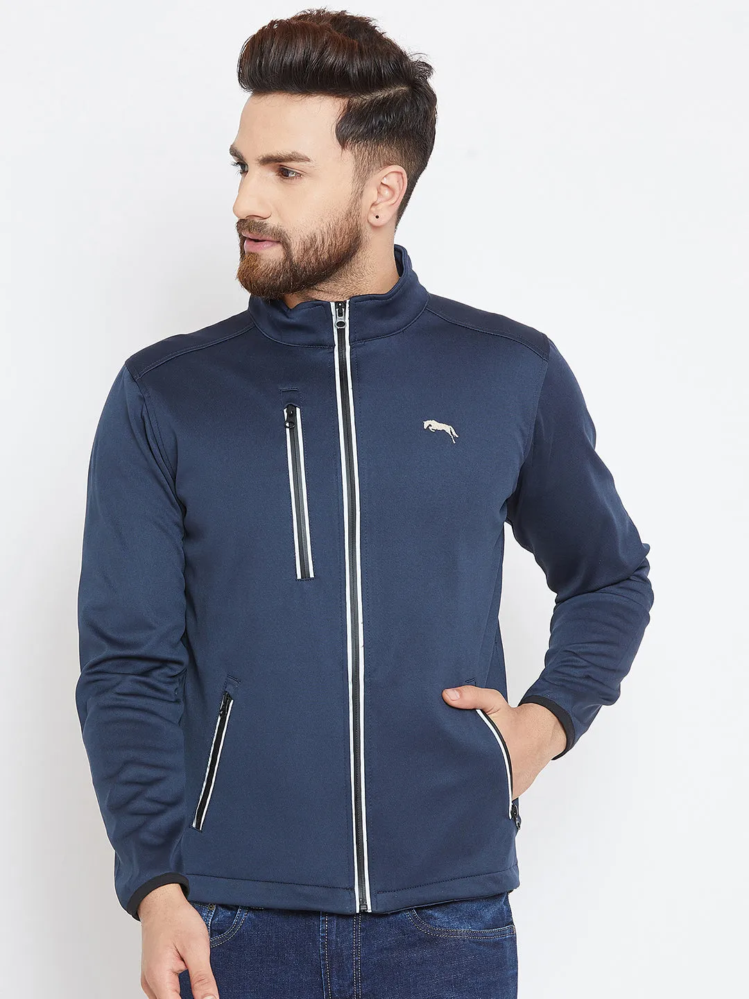 Men Navy Blue Solid Sporty Jacket