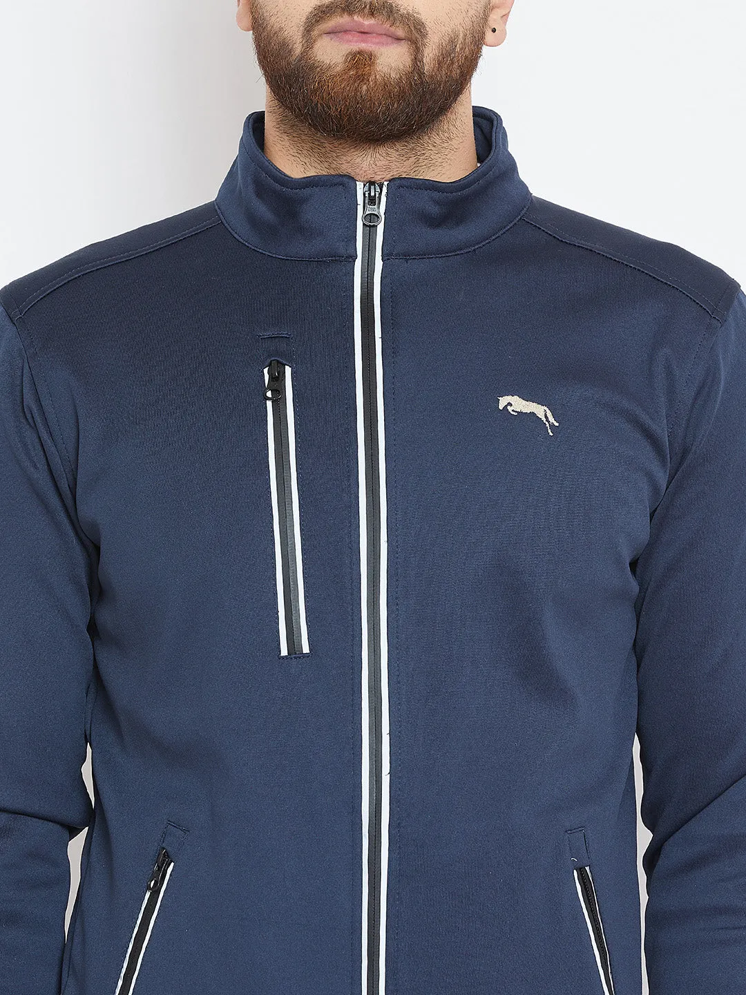 Men Navy Blue Solid Sporty Jacket