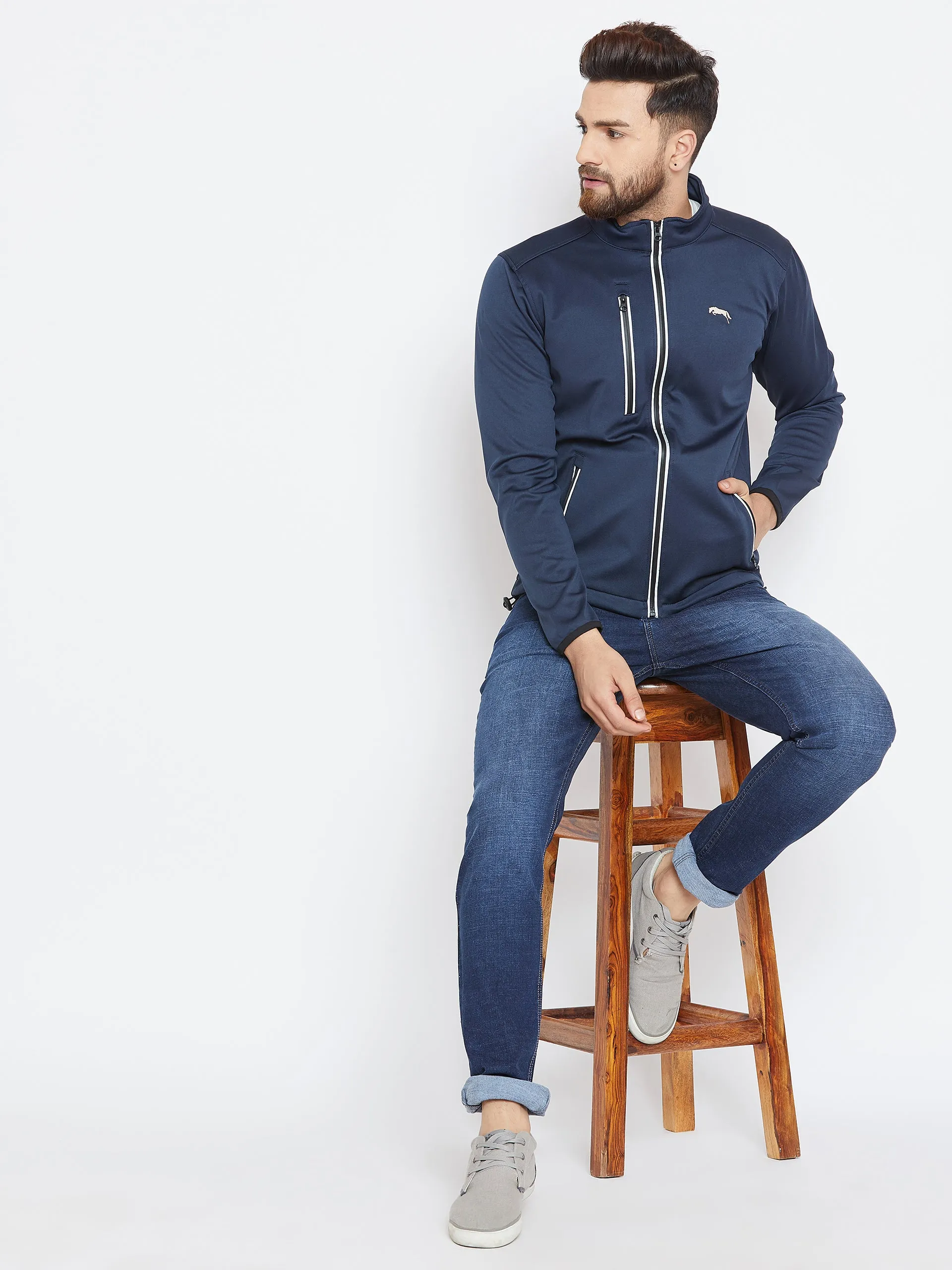 Men Navy Blue Solid Sporty Jacket