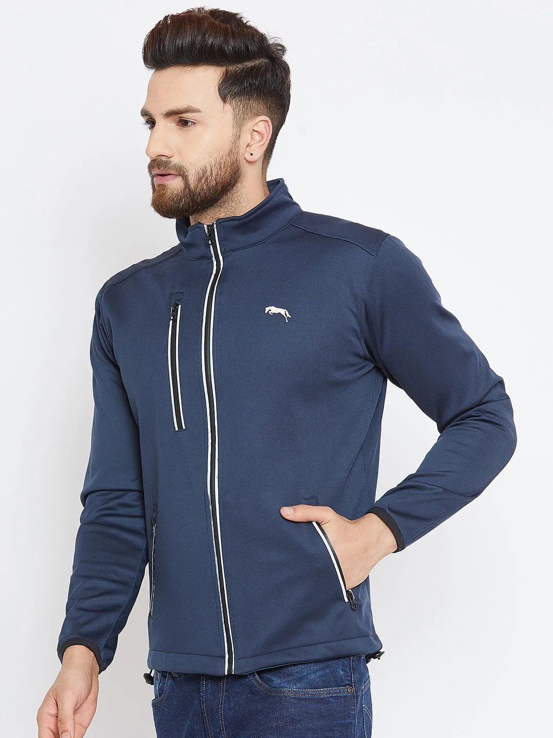 Men Navy Blue Solid Sporty Jacket