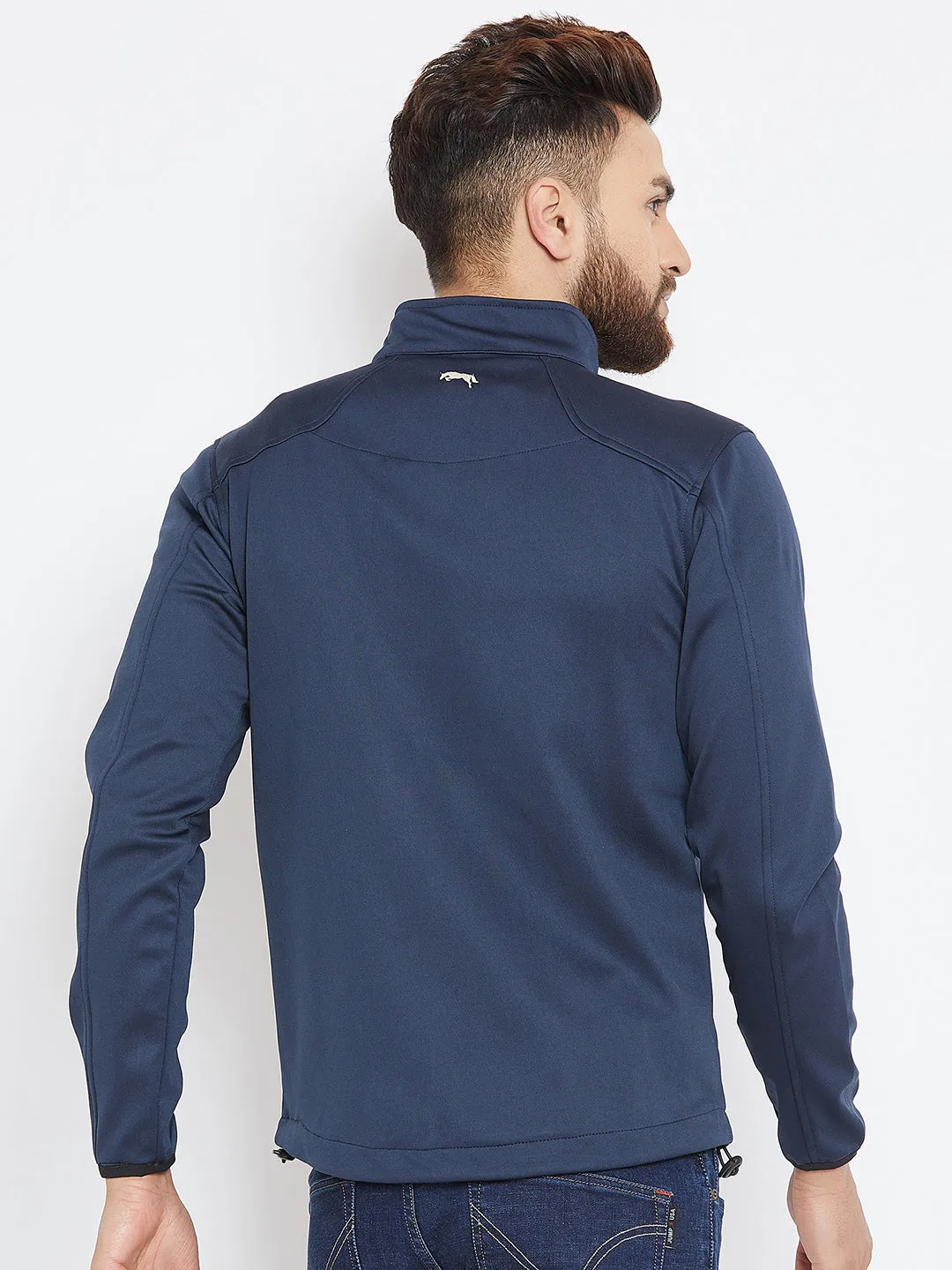 Men Navy Blue Solid Sporty Jacket