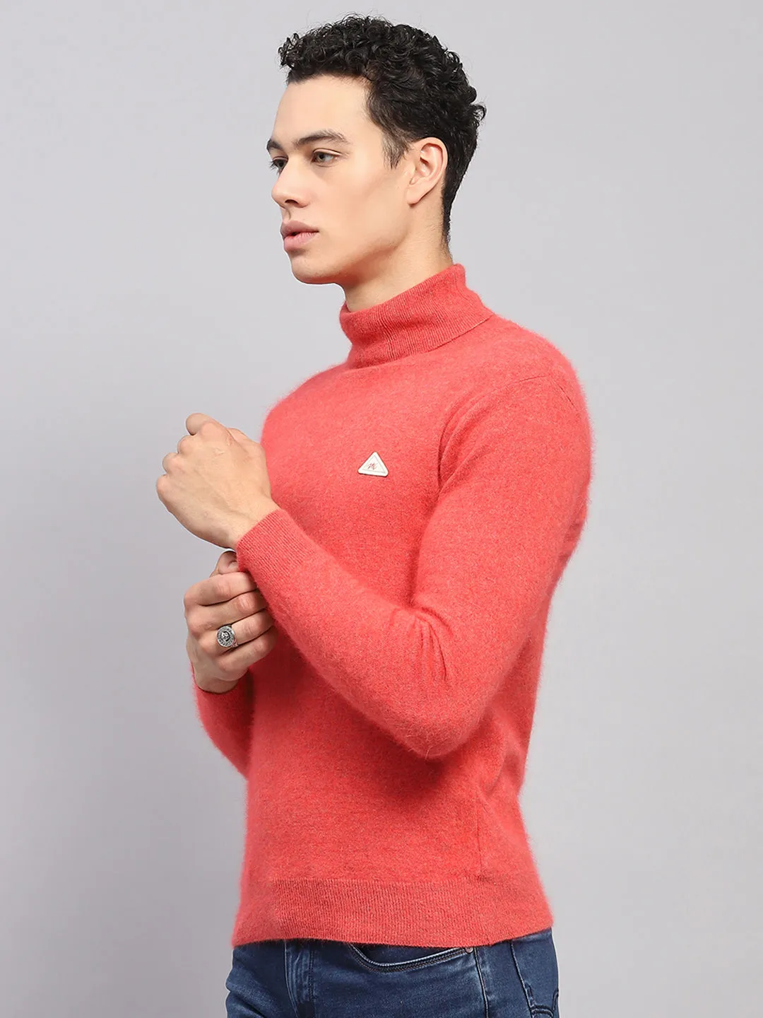 Men Orange Solid High Neck Full Sleeve Pullover