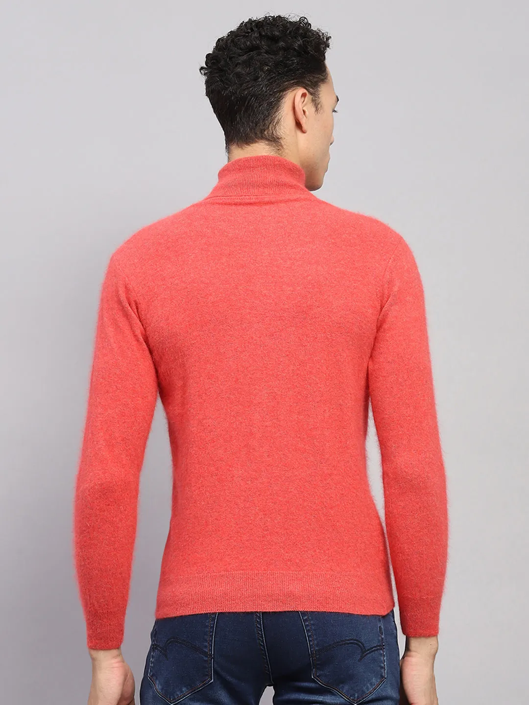 Men Orange Solid High Neck Full Sleeve Pullover