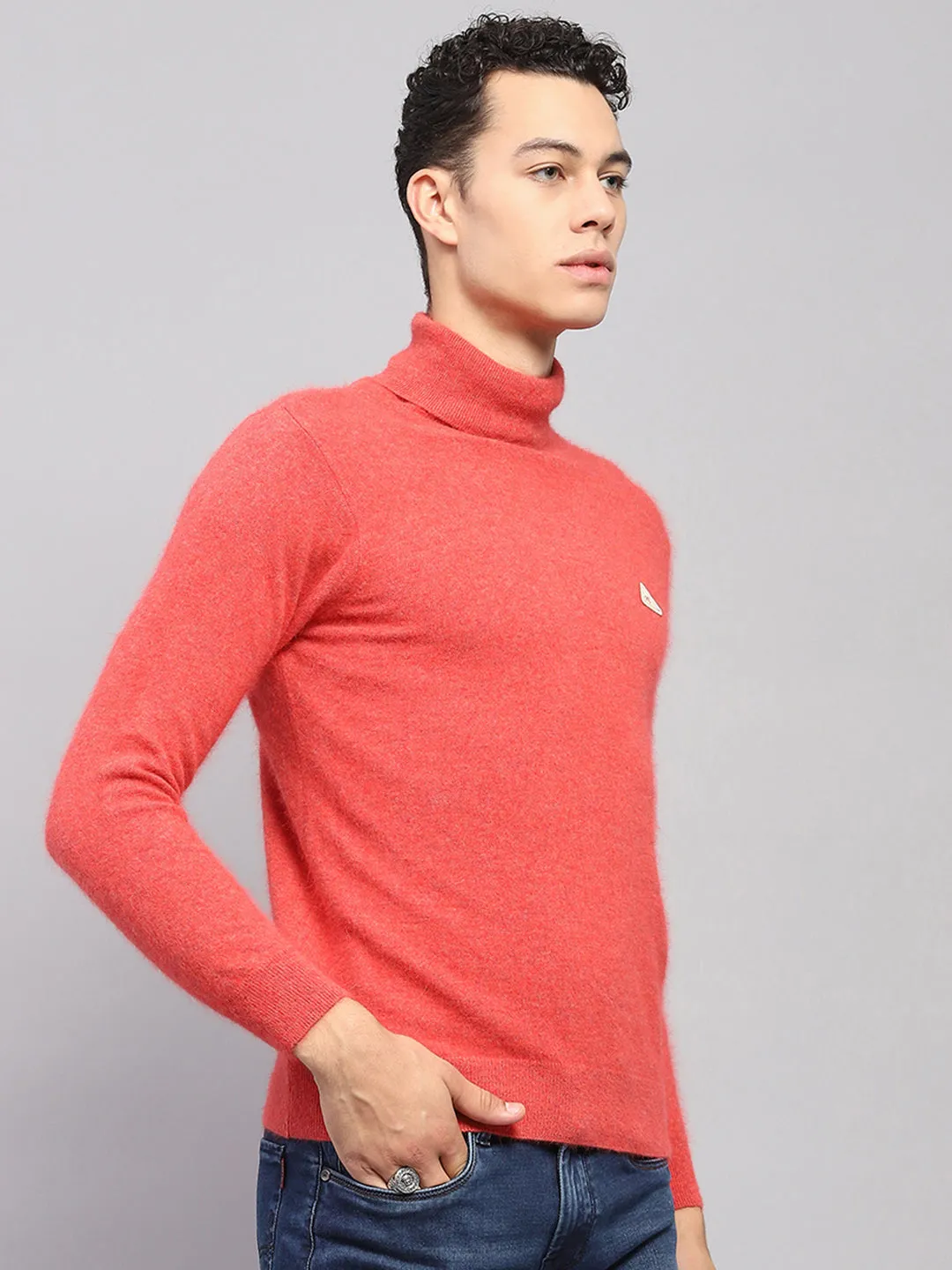 Men Orange Solid High Neck Full Sleeve Pullover