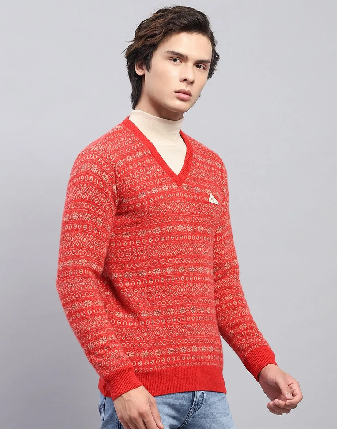 Men Red Self Design V Neck Full Sleeve Pullover