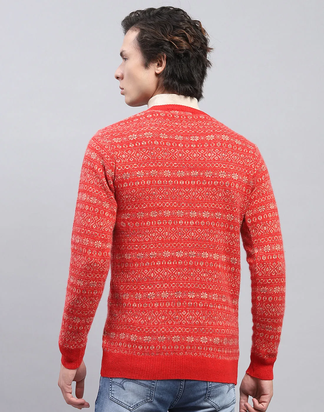 Men Red Self Design V Neck Full Sleeve Pullover