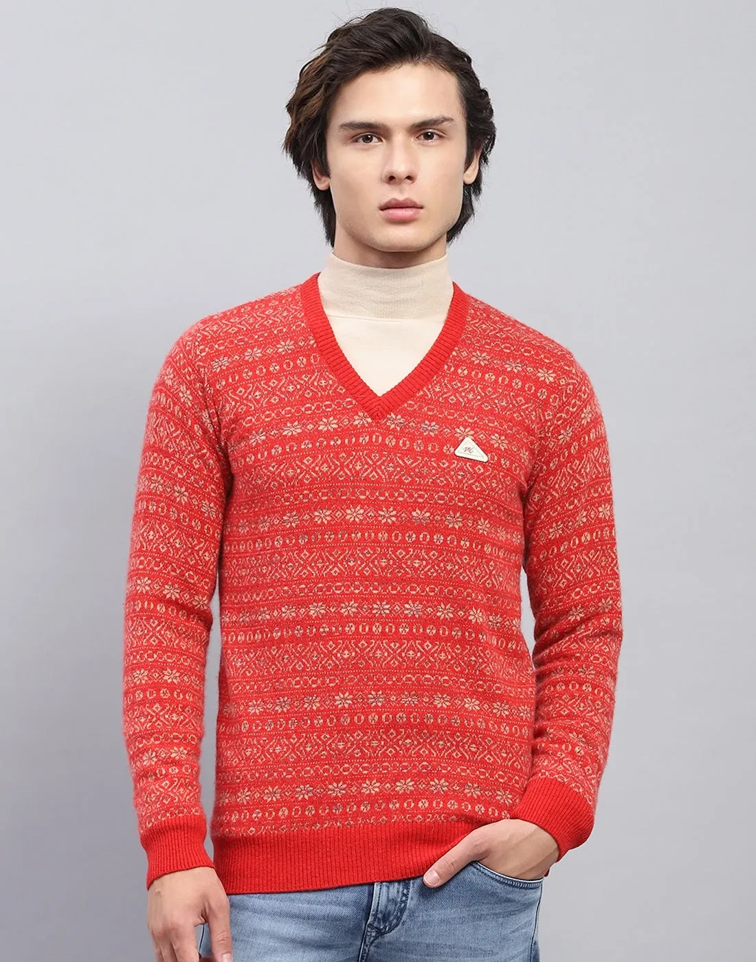 Men Red Self Design V Neck Full Sleeve Pullover