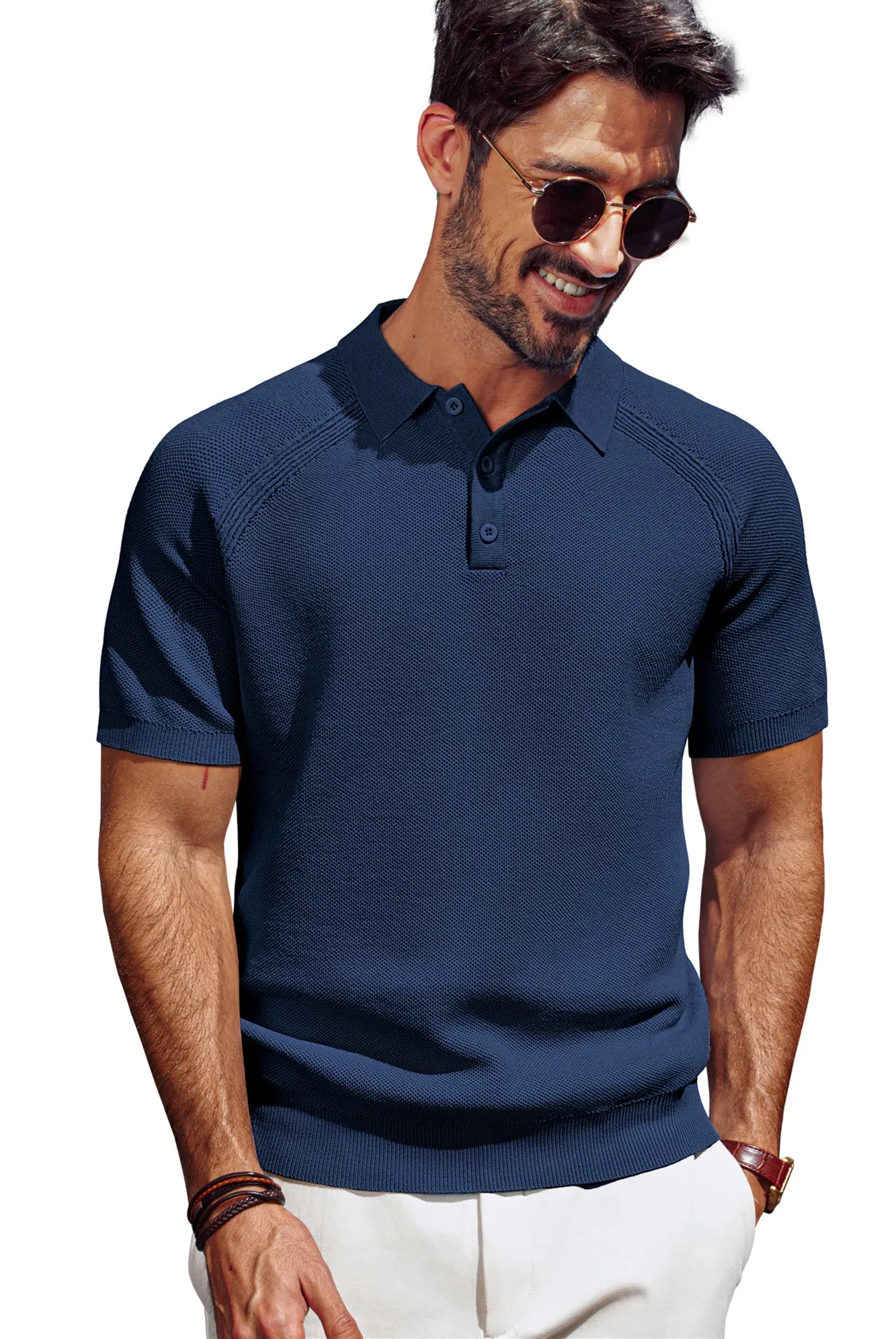 Men Textured Knitted Polo-Shirt Short Sleeve Lapel Collar Button-up Neck Tops