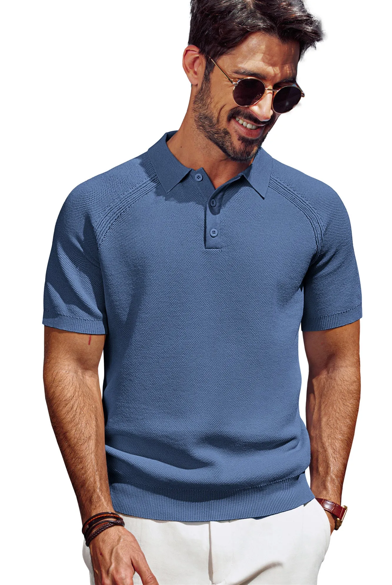 Men Textured Knitted Polo-Shirt Short Sleeve Lapel Collar Button-up Neck Tops