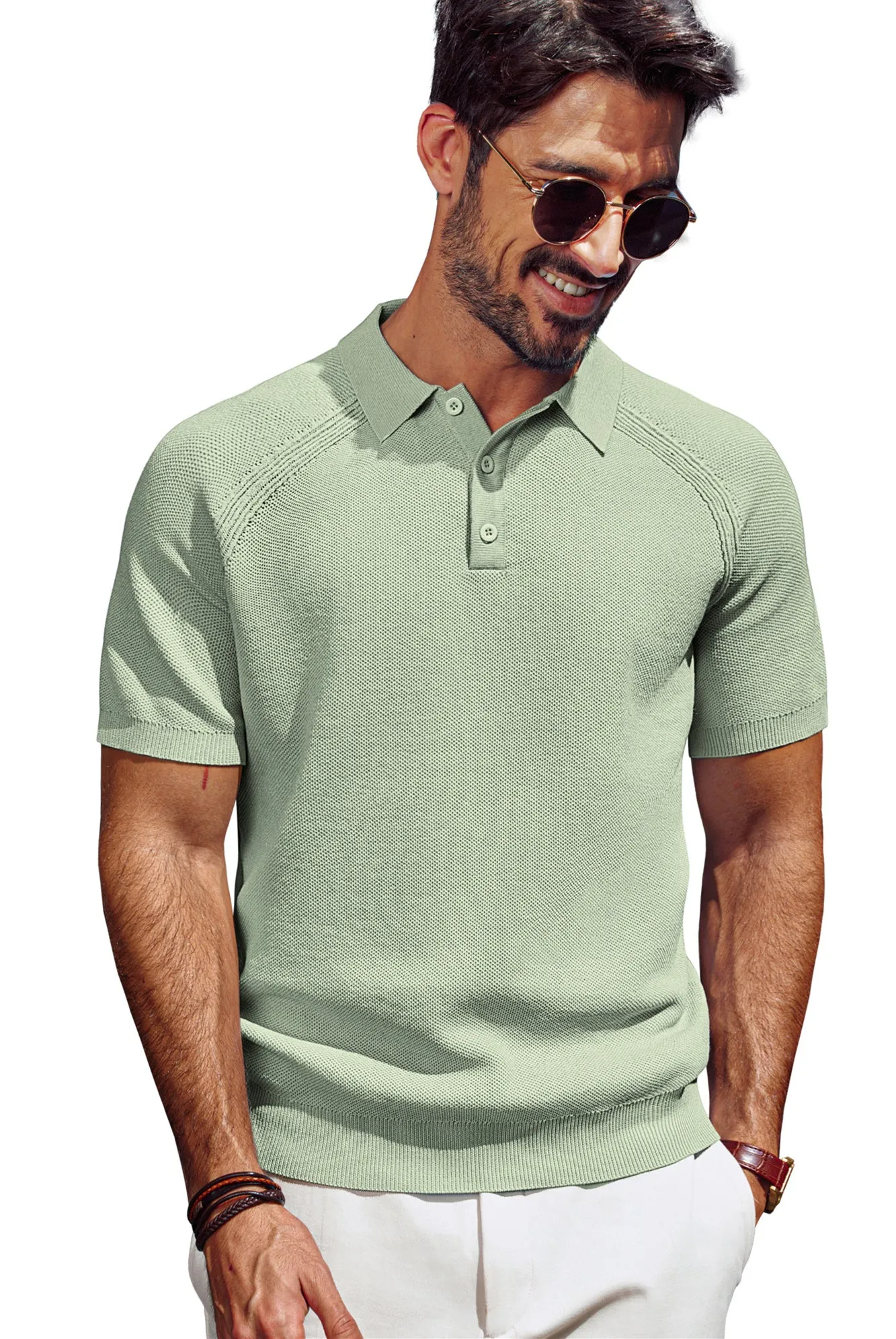 Men Textured Knitted Polo-Shirt Short Sleeve Lapel Collar Button-up Neck Tops