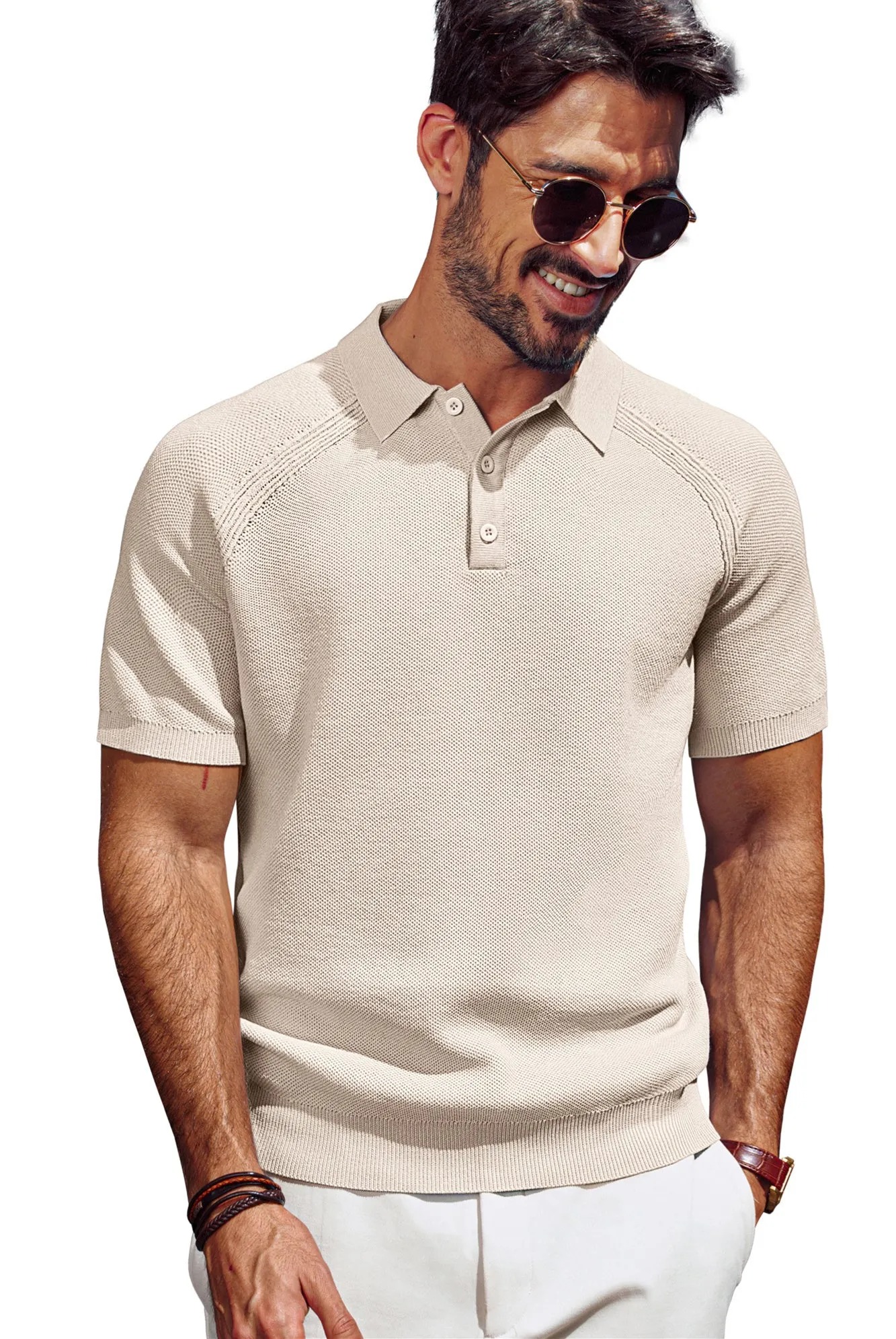 Men Textured Knitted Polo-Shirt Short Sleeve Lapel Collar Button-up Neck Tops