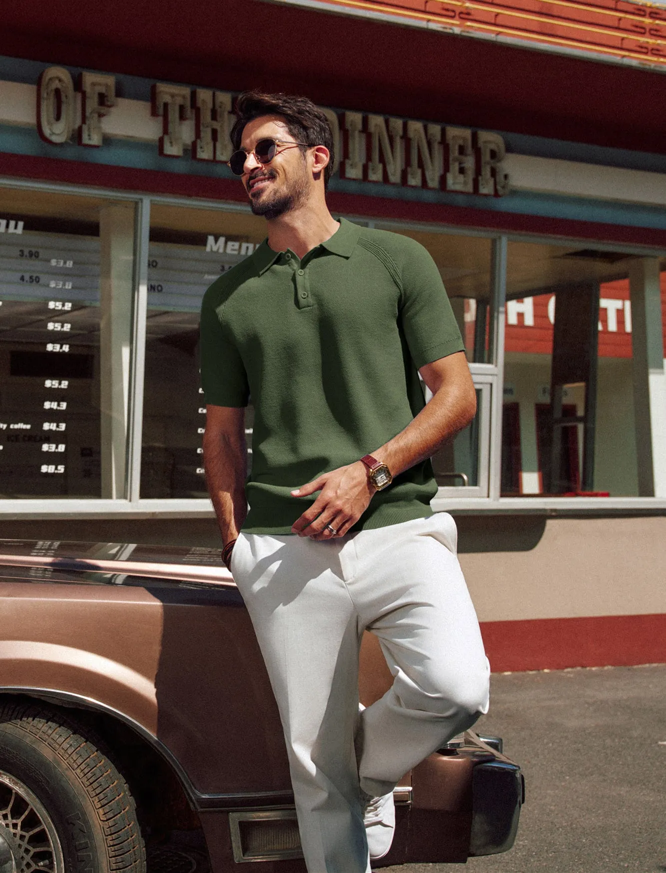 Men Textured Knitted Polo-Shirt Short Sleeve Lapel Collar Button-up Neck Tops