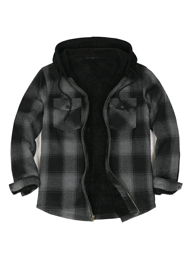 Men's Sherpa Lined Flannel Shirt Jacket with Hood,Plaid Shirt-Jac