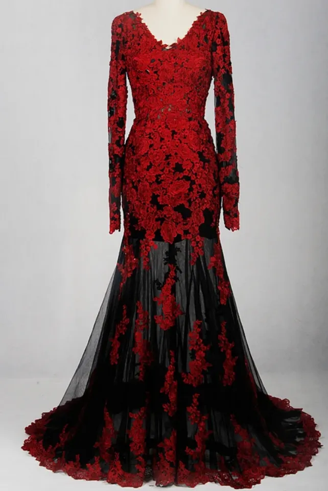 Mermaid Long Sleeve Black and Red Wedding Dress