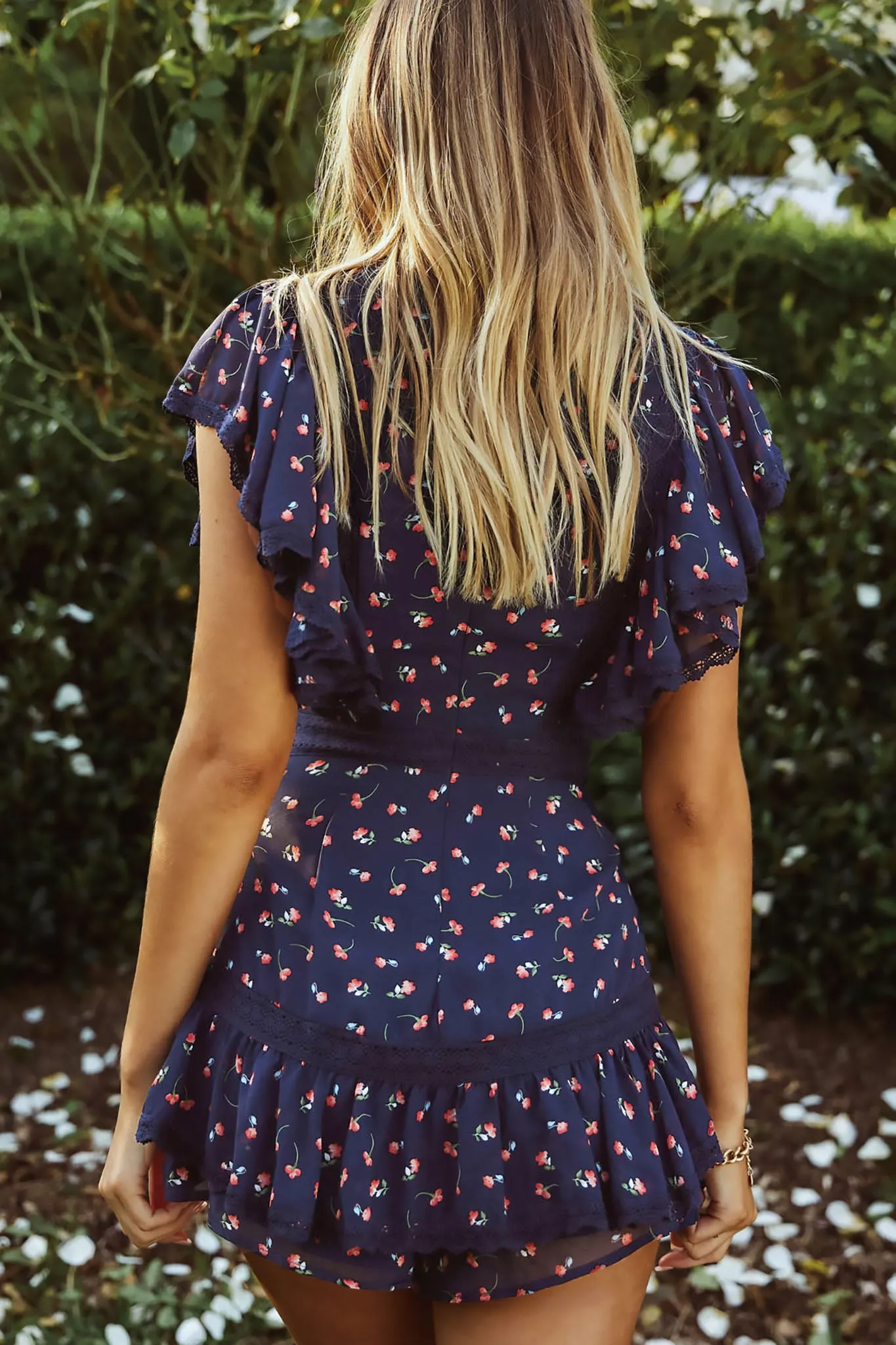 Miss Thing Crochet Trim Ruffle Detail Romper Floral Print Navy