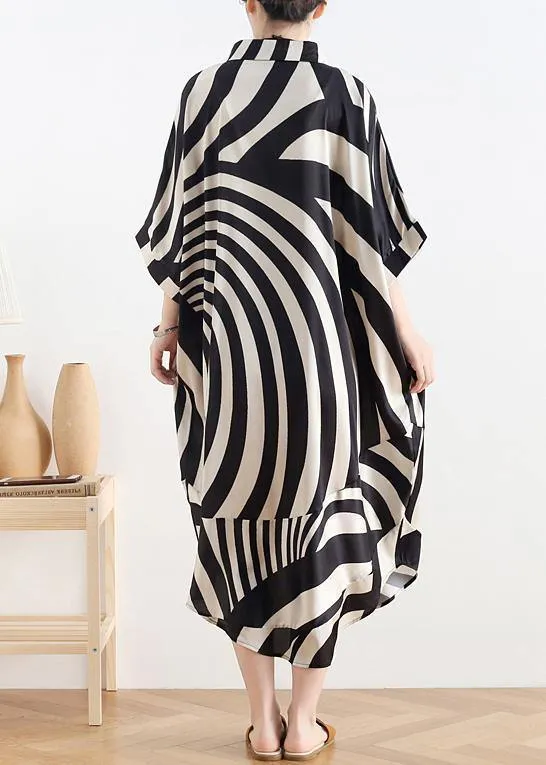 Modern black striped chiffon clothes For Women Fabrics lapel Batwing Sleeve long summer Dresses