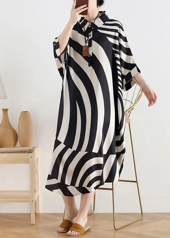 Modern black striped chiffon clothes For Women Fabrics lapel Batwing Sleeve long summer Dresses