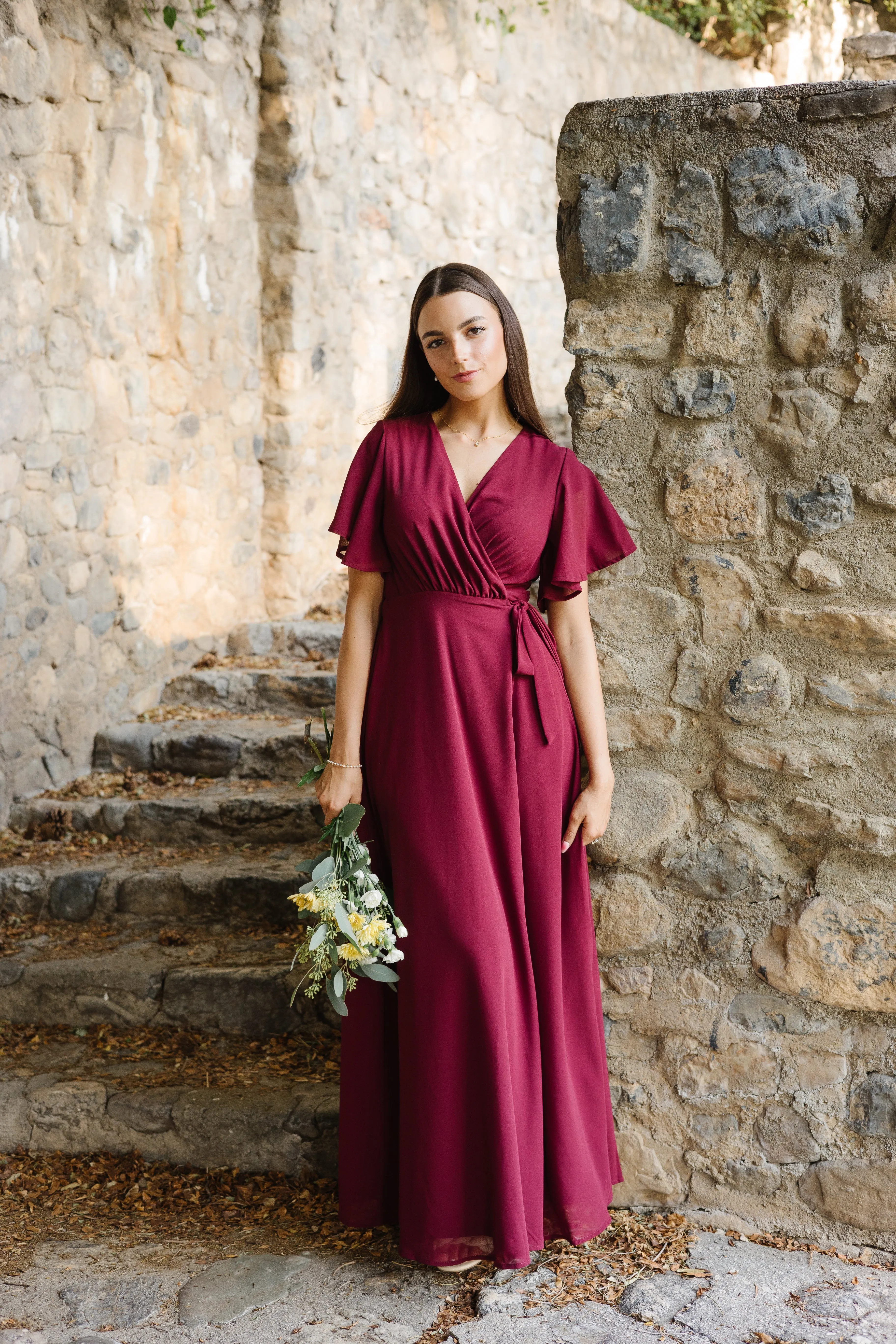 Naples Flutter Sleeve Wrap Maxi - Burgundy