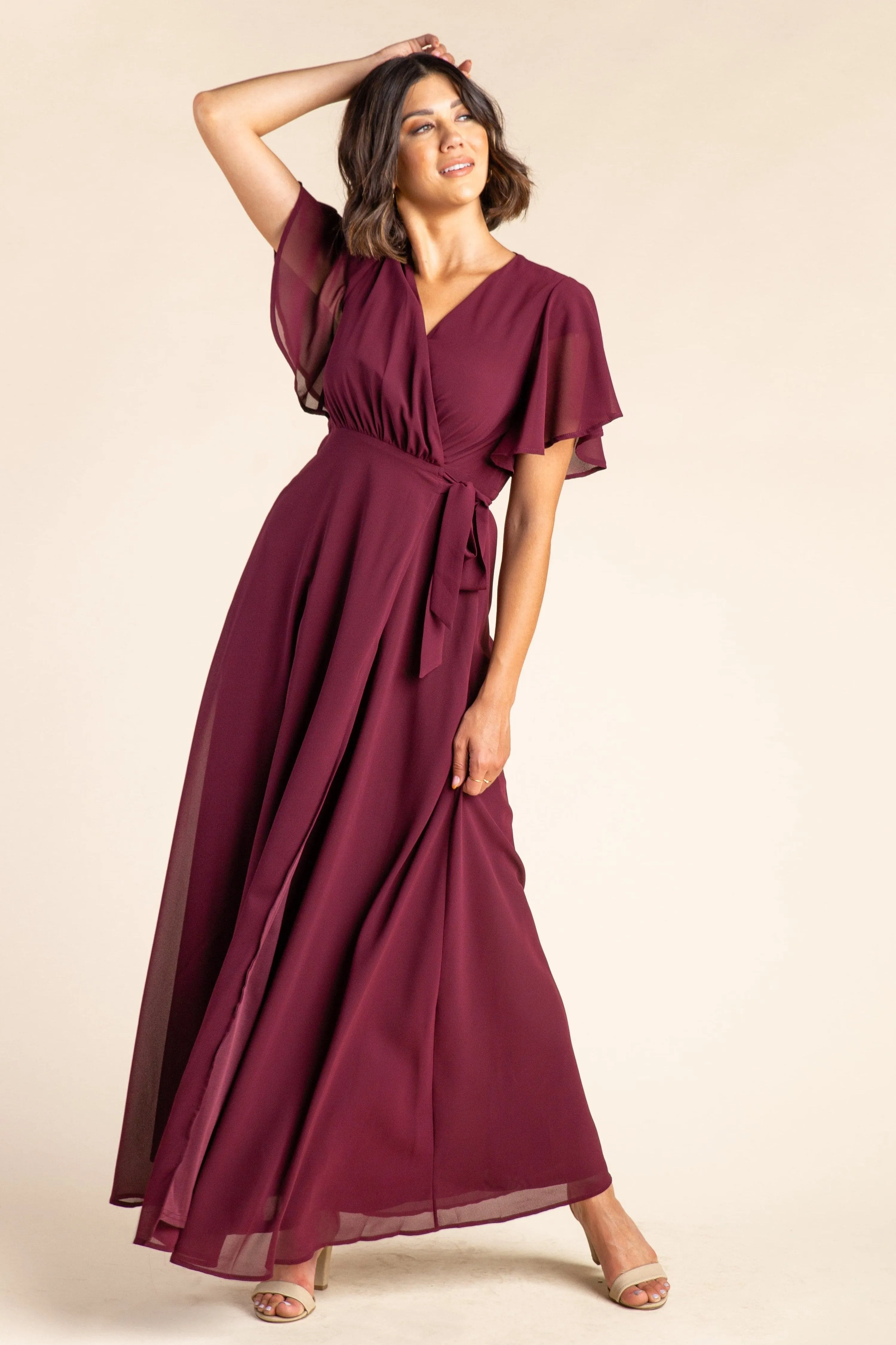 Naples Flutter Sleeve Wrap Maxi - Burgundy