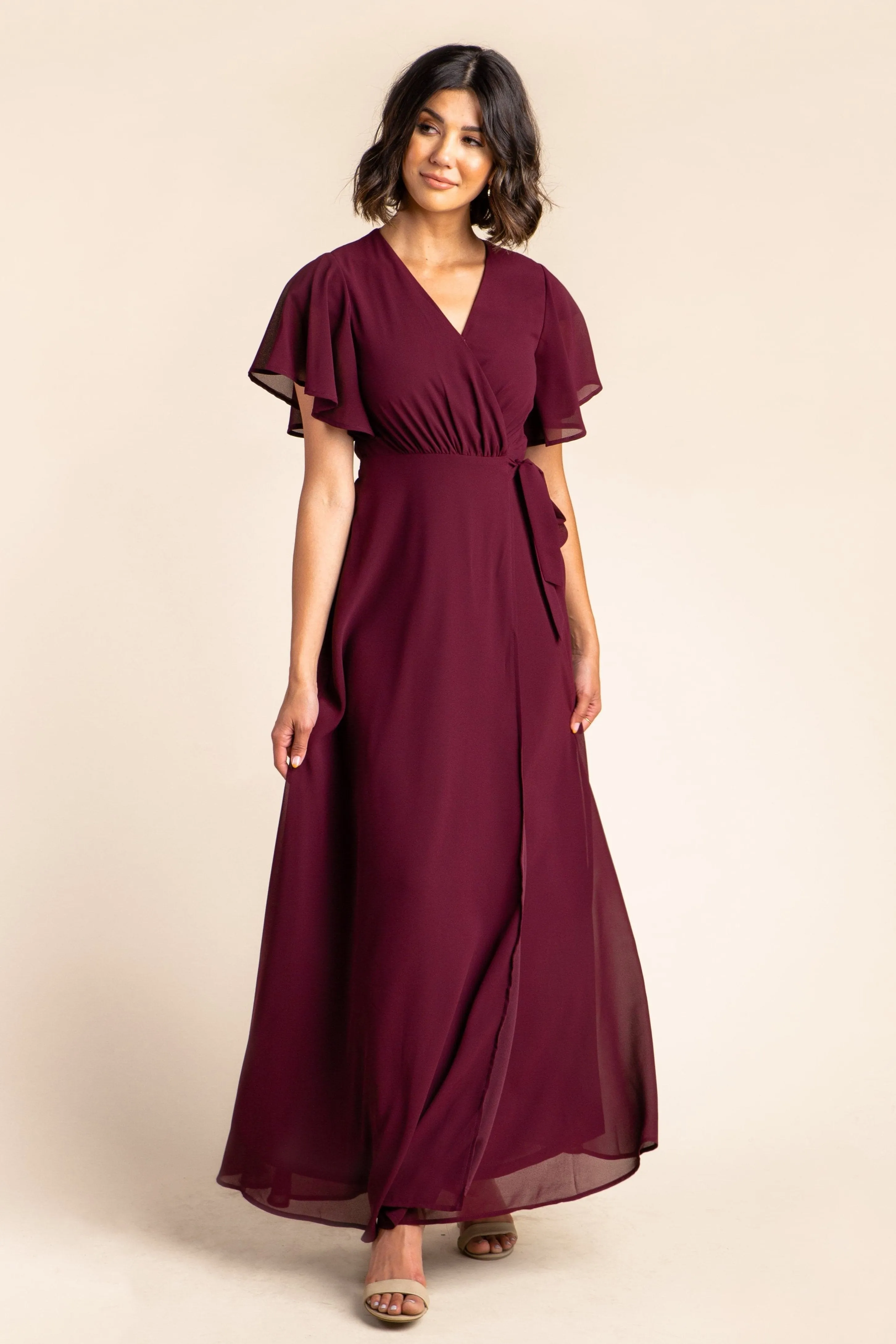 Naples Flutter Sleeve Wrap Maxi - Burgundy