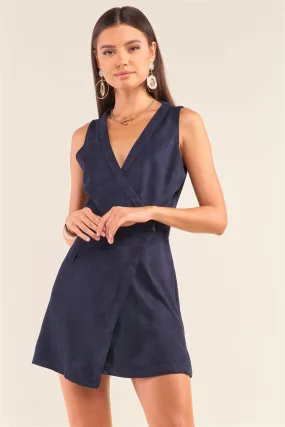 Navy Faux Suede Sleeveless V-Neck Faux Wrap Asymmetrical Skirt Open Back Mini Dress /2-3