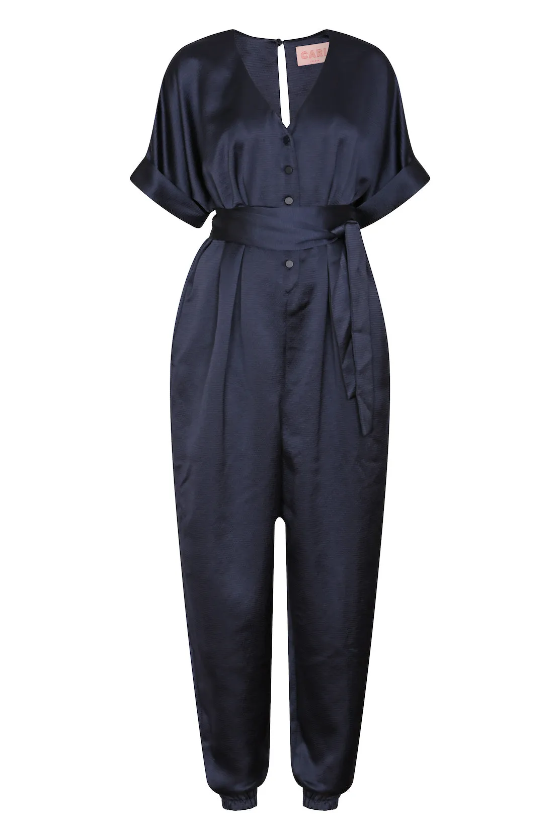 Navy satin maternity and breastfeeding jumpsuit