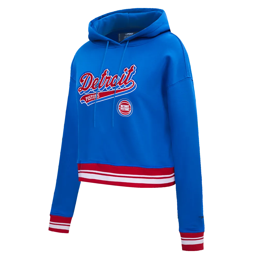 NBA DETROIT PISTONS SCRIPT TAIL WOMEN'S RIB FLC CROPPED PO HOODIE (ROYAL BLUE/RED)