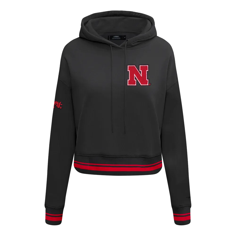 NCAA UNIVERSITY OF NEBRASKA CLASSIC WOMEN'S RIB FLC CROPPED PO HOODIE (BLACK/RED)