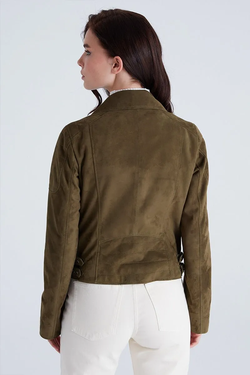 Nelly Women's Metis Suede Leather Biker Jacket - Khaki