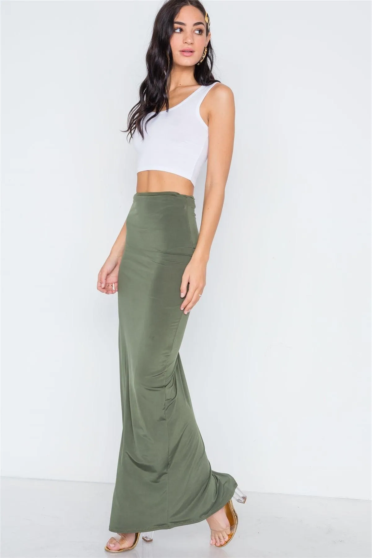 Olive Side Slit Bodycon Maxi Skirt /3-2-1