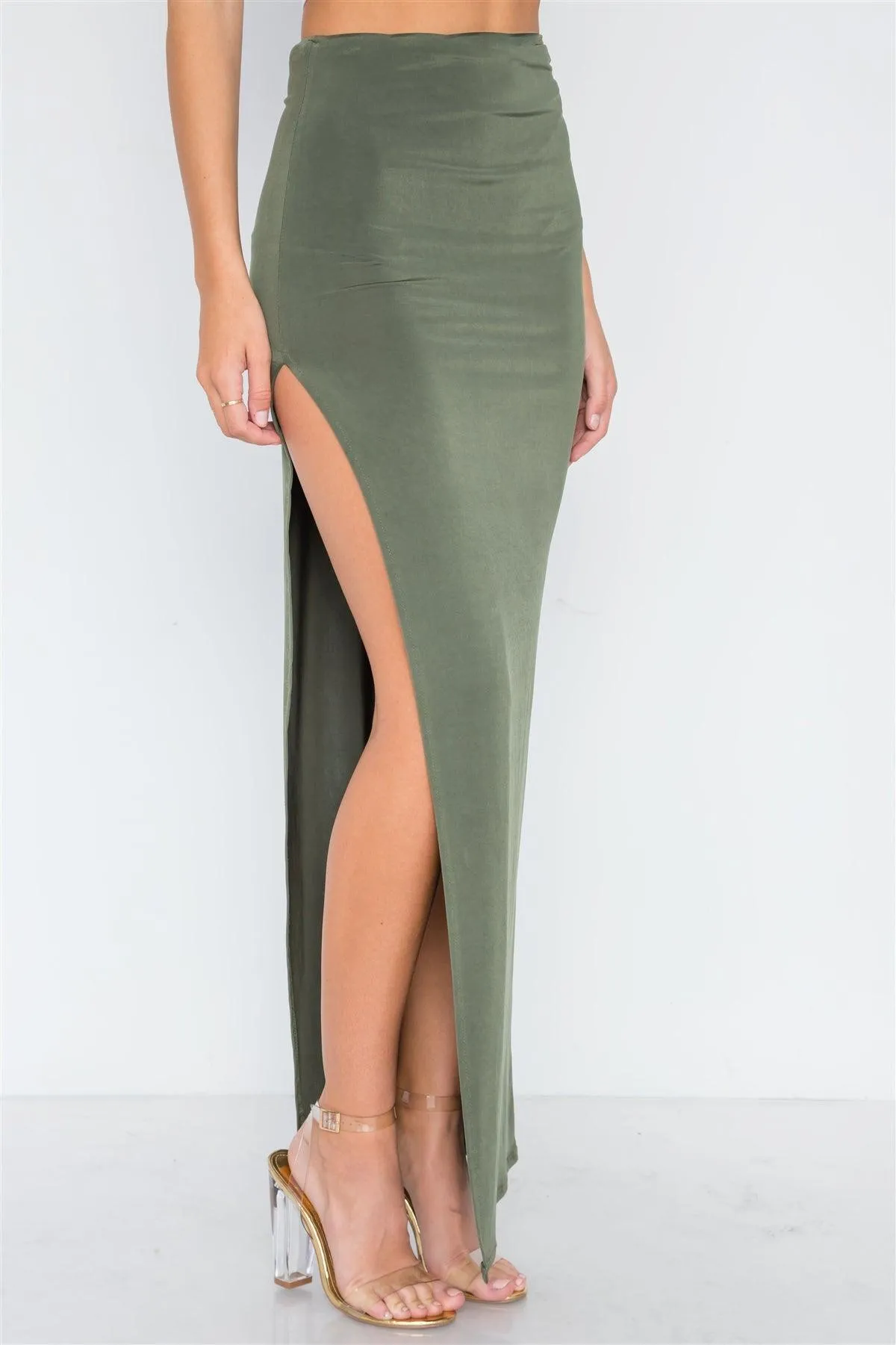 Olive Side Slit Bodycon Maxi Skirt /3-2-1