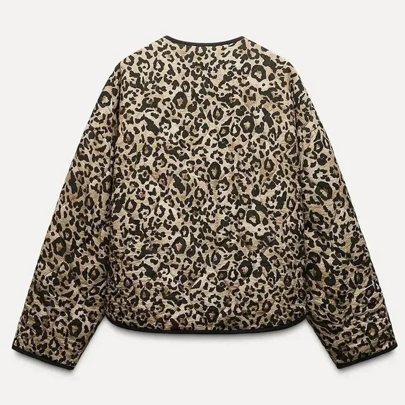 Padded chic long loose sleeves puffer leopard jacket autumn jacket