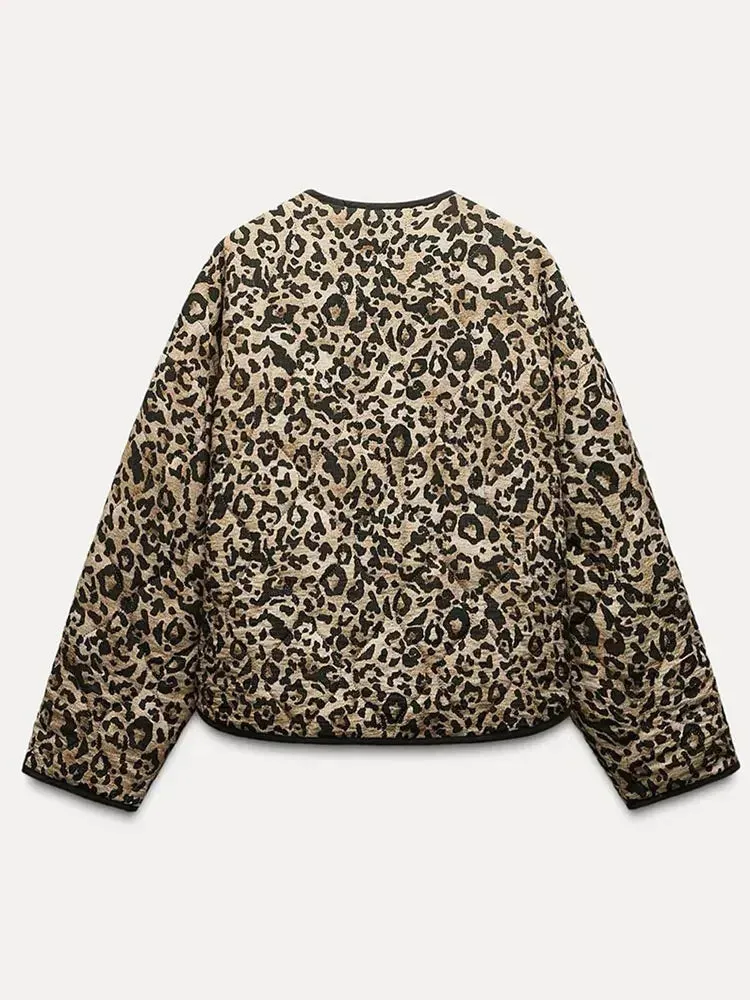 Padded chic long loose sleeves puffer leopard jacket autumn jacket