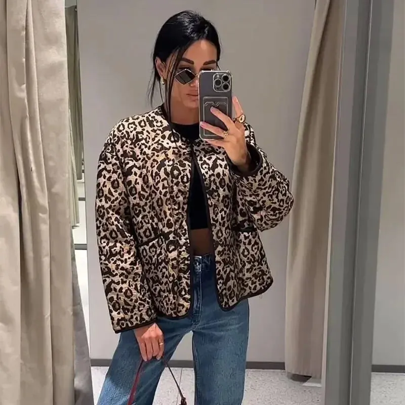 Padded chic long loose sleeves puffer leopard jacket autumn jacket