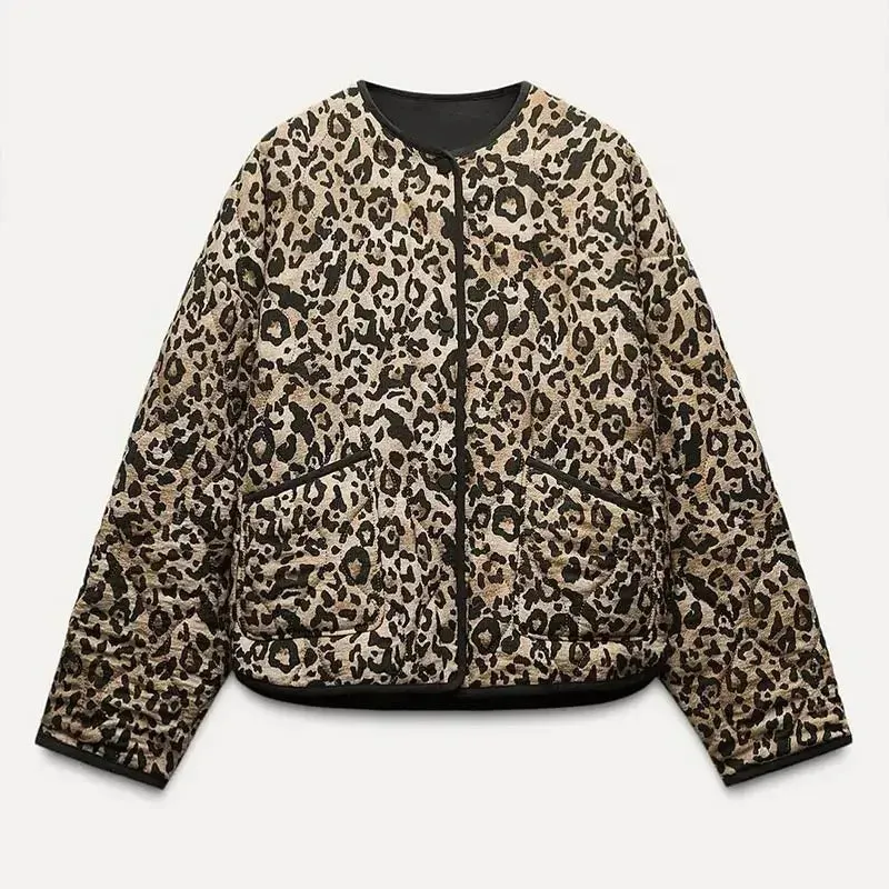 Padded chic long loose sleeves puffer leopard jacket autumn jacket