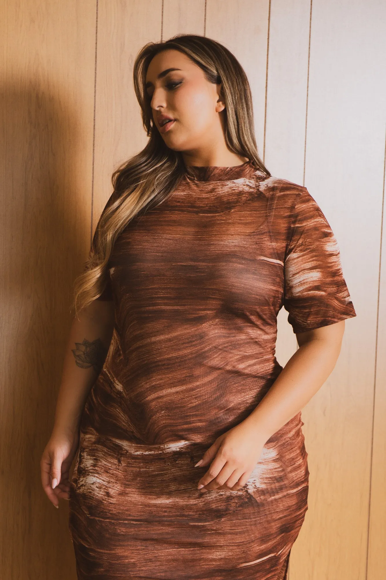 Plus Size Aiyana Mesh Midi Dress- Brown