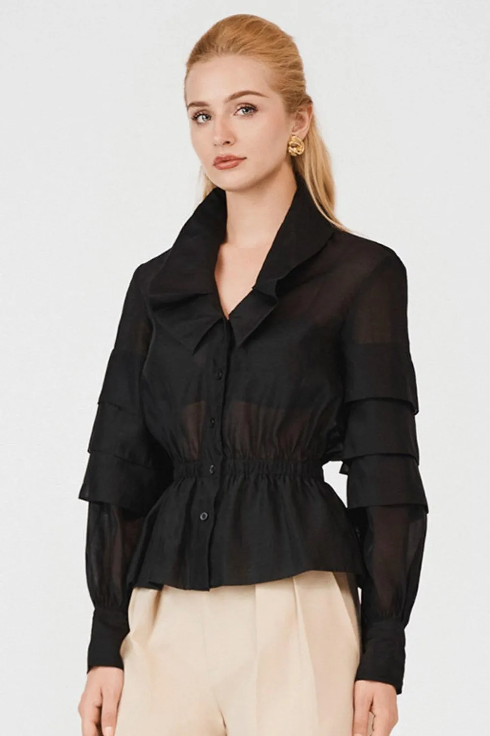 Raelynn Peplum Ruffle Layer Organza Shirt