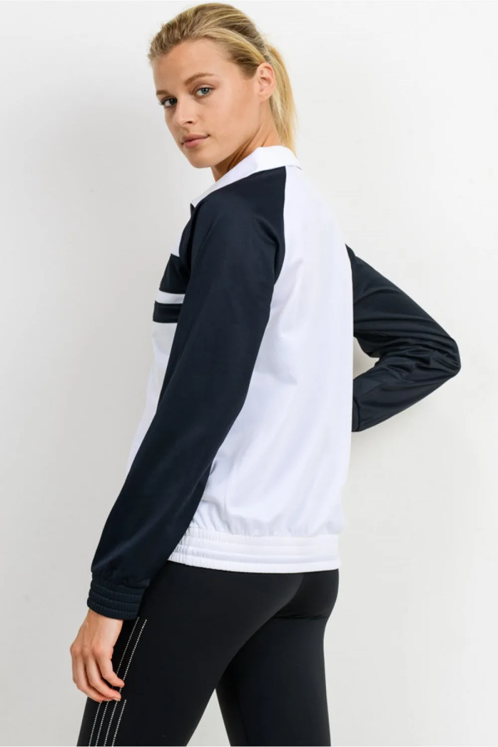 Raglan Tricot Jacket with Spread Collar - Black/White