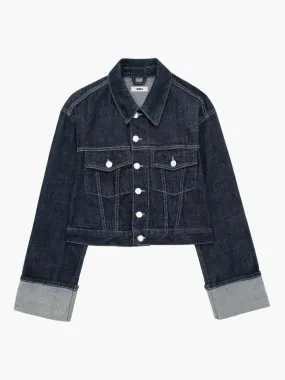 Raw Edge Button-Up Cotton Denim Jacket