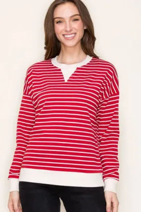 Red Color Contrasted Bands Texture Striped Long Sleeve Pullover