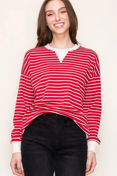 Red Color Contrasted Bands Texture Striped Long Sleeve Pullover