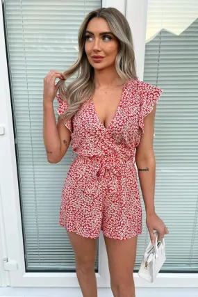 Red Floral Printed Wrap Tie Waist Playsuit